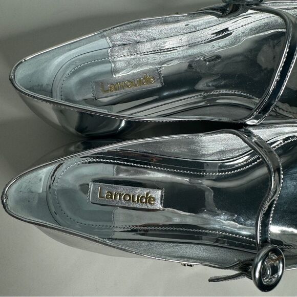 NEW Larroude silver metallic mirror square toe mary jane flat shoes size 9 - Picture 10 of 11